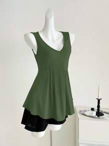 INAWLY Plus Size Plain V-Neck Casual Fashion Tank Top, Summer - Army Green - View 3