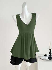 INAWLY Plus Size Plain V-Neck Casual Fashion Tank Top, Summer - Army Green - View 4