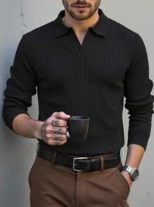 Manfinity Homme 男士休闲经典纯色长袖 Polo 衫 男士黑色针织 Polo 衫 男士黑色长袖 Polo 衫，秋季