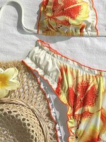 Swim Vcay 女士沙滩套装，多色定位大花朵，褶皱三角形比基尼，纹理小罗纹面料，时尚度假休闲性感甜美，露背泳装两件套 - 彩色 - 查看 5