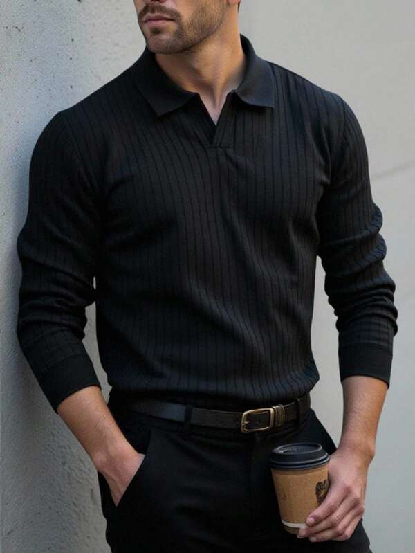 Manfinity Homme Camicia polo a maniche lunghe classica e casual da uomo, colore unito, maglia nera, camicia polo nera a maniche lunghe, autunno