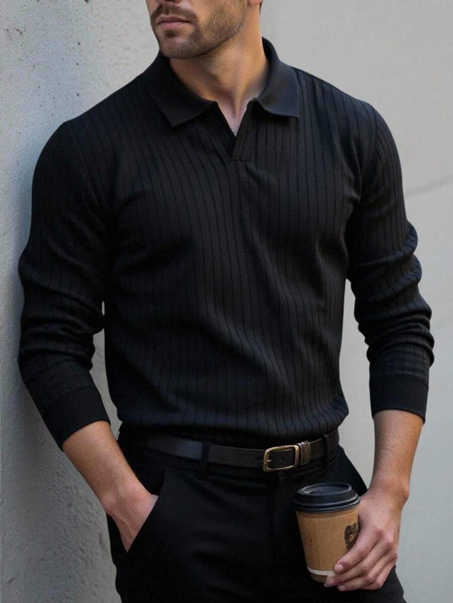 Manfinity Homme 男士休闲经典纯色长袖 Polo 衫 男士黑色针织 Polo 衫 男士黑色长袖 Polo 衫，秋季