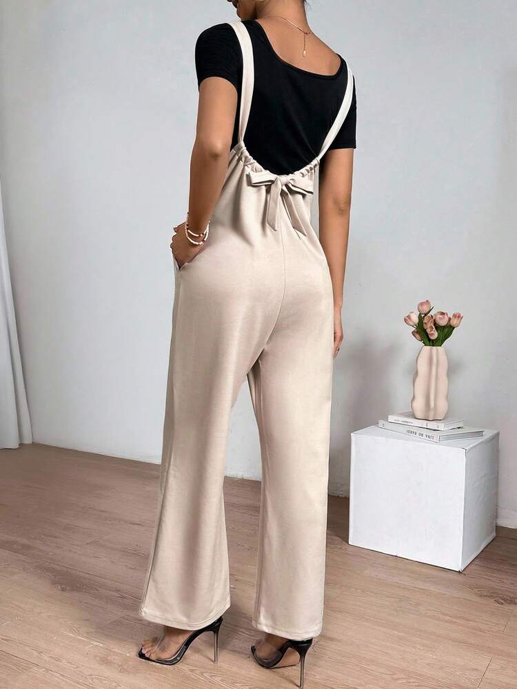 Women's Solid Color Short Sleeve T-Shirt And Overall Pants Set