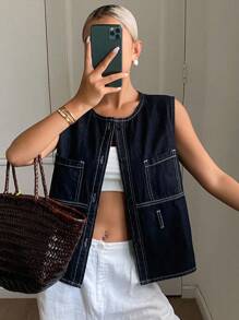 Livesso Women's Summer Sleeveless Round Neck Denim Blouse - Blue - View 3