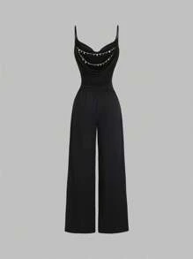 Sweetra 新款夏季时尚金属链设计优雅露背连体裤，适合女士通勤 - 黑色 - 查看 1