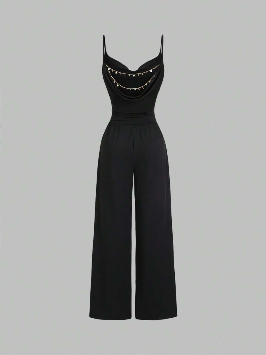 Sweetra 新款夏季时尚金属链设计优雅露背连体裤，适合女士通勤 - 黑色 - 查看 1