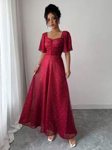 Modelyn 女士雪纺圆点蝙蝠袖褶饰甜美法式夏装 - 紅色 - 查看 6