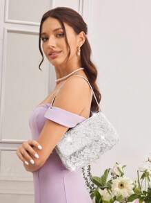 SHEIN Belle 奢华、迷人、优雅、闪亮的女士顶部提手包、女士晚宴包、适合女孩、女士、女士、大学生、适合新娘、伴娘、婚礼宾客、蜜月、派对、舞会、婚礼、俱乐部、约会、晚会、约会之夜（图案随机）、白色