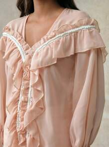 Chiquease Camisa Elegante de Mulher com Gola em V de Tecido de Chiffon de Manga Longa, Silhueta com Renda de Pérolas Falsas, Barra com Babados, Costura Francesa, Contraste de Cor, Pó de Borracha, Estilo Vintage para Professoras, Cruzeiro, Outono, Primavera, Casual - Damasco - Visão 3