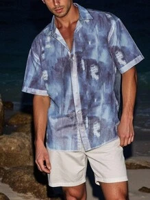 Manfinity Dauomo Men's Denim Effect Print Short Sleeve Button-Down Casual Shirt - Multicolor - View 3