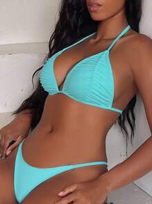 SHEIN Swim Women's Summer Beach Solid Color Ruched Halter Tie Sexy Bikini Swimsuit Sets - Baby Blue - View 1