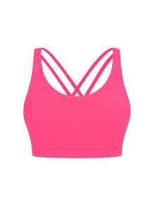 SHEIN Tween Girls 吸湿排汗瑜伽运动文胸上衣，配有交叉后背带和可拆卸衬垫，适合所有季节 - 玫紅色 - 查看 3