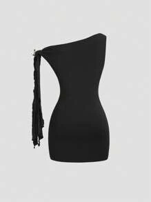 Sweetra 不对称领口飘袖性感黑色紧身连衣裙，腰部收紧，修身，优雅法式风格 - 黑色 - 查看 2