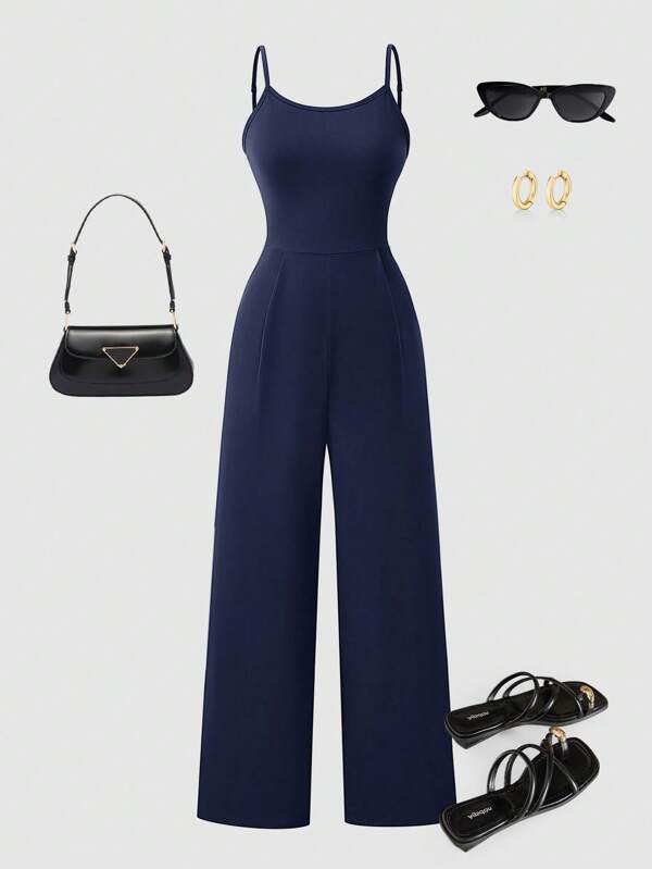 SHEIN Teens / Teenager Mädchen Loose Minimalist Lässig Schwarzer Ärmellos Locker Sitzender Jumpsuit
