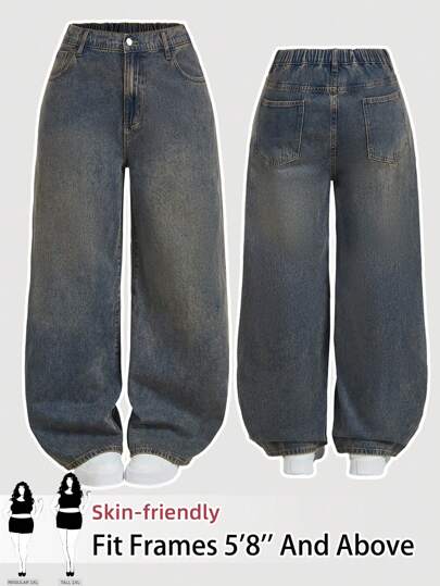 SHEIN Tall CURVE 大码女式休闲水洗宽松阔腿牛仔裤 女式夏季牛仔装 女式西部度假装 校服 演唱会服装 女式教师装 复古夏威夷装 狂野街头装 复古金钱装 千禧哥特摇滚风 辣妹装