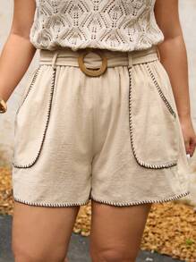 Elaquor Plus Size Women Floral Trim Pocket Wide Leg Loose Casual Shorts