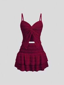 Sweetra Set de 2 piezas con top de tirantes con volantes y falda mini con bajo plisado en A, elegante moda para mujer, primavera/verano