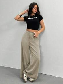 Pantalones anchos holgados y elegantes para adolescentes - Caqui - Ver 3