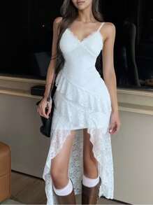 INAWLY Women Elegant Contrast Lace Ruffled Hem Split Strap Dress - White - View 1