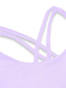 SHEIN Top sport elastic pentru fete Tween, cu bretele încrucișate la spate cu model yoga scene, sutien sport cu căptușeală detașabilă, absorbție a umezelii și transpirație - Violet - Vizualizare 4