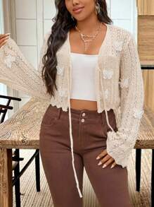 SHEIN LUNE 大码女式纯色针织 3D 蝴蝶镂空系带长袖短款休闲开衫，春夏 - 杏色 - 查看 3