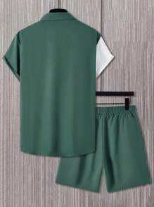 Manfinity Homme 男士字母条纹短袖衬衫短裤套装，夏季 - 彩色 - 查看 2