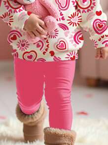 SHEIN Valentine's Day, Cute Heart Print, Baby Girl Casual Knit Soft Thick Crew Neck Long Sleeve Sweatshirt And Leggings Set - Multicolor - View 4