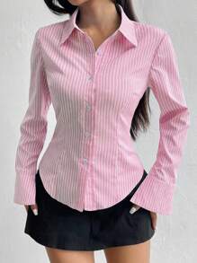 Flirla Solid Color Slim Fit Striped Front Button Asymmetrical Hem Long Sleeve Shirt Fall Cloth For Women - Pink - View 6