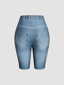 INAWLY Quần short bó in họa tiết denim thường ngày cho nữ - Màu xanh lam - Xem 2