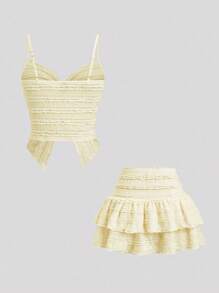 Sweetra 2pcs/Set Women's Sweet Ruffle Strap Twist Tank Top And Layered Ruffle Hem A-Line Mini Skirt Set, Spring/Summer - Yellow - View 2