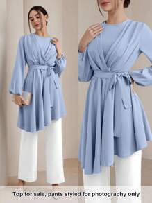 Graceveil 女士优雅纯色灯笼袖不对称下摆衬衫朴素 - 藍色 - 查看 2