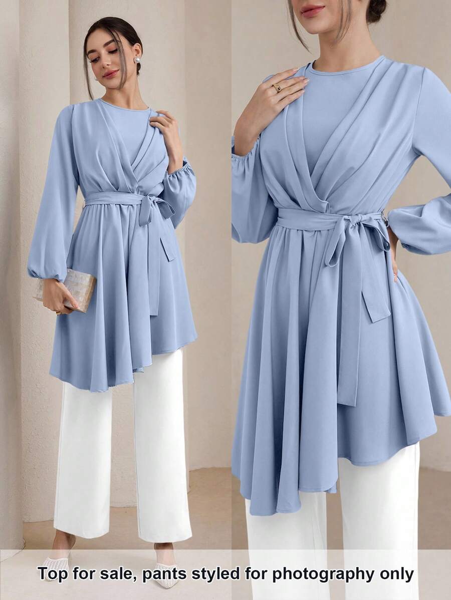 Graceveil 女士优雅纯色灯笼袖不对称下摆衬衫朴素