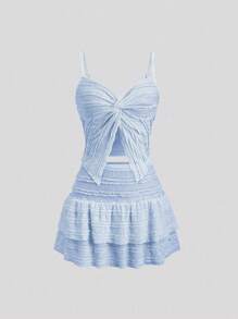 Sweetra Conjunto de 2 piezas para mujer con top de camisola con volantes y nudo trenzado, y falda línea A con volantes en el bajo, para primavera/verano