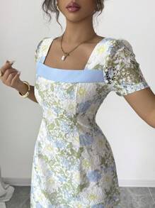 Elenzga Women's Elegant Embroidered Floral V-Neck Short Sleeve Dress, Summer - Multicolor - View 2