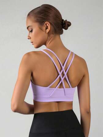 SHEIN Tween Girls Stretch Activewear Top, Yoga Scene Cross Back Strap, Removable Padded Sports Bra, Moisture Wicking Absorbs Sweat