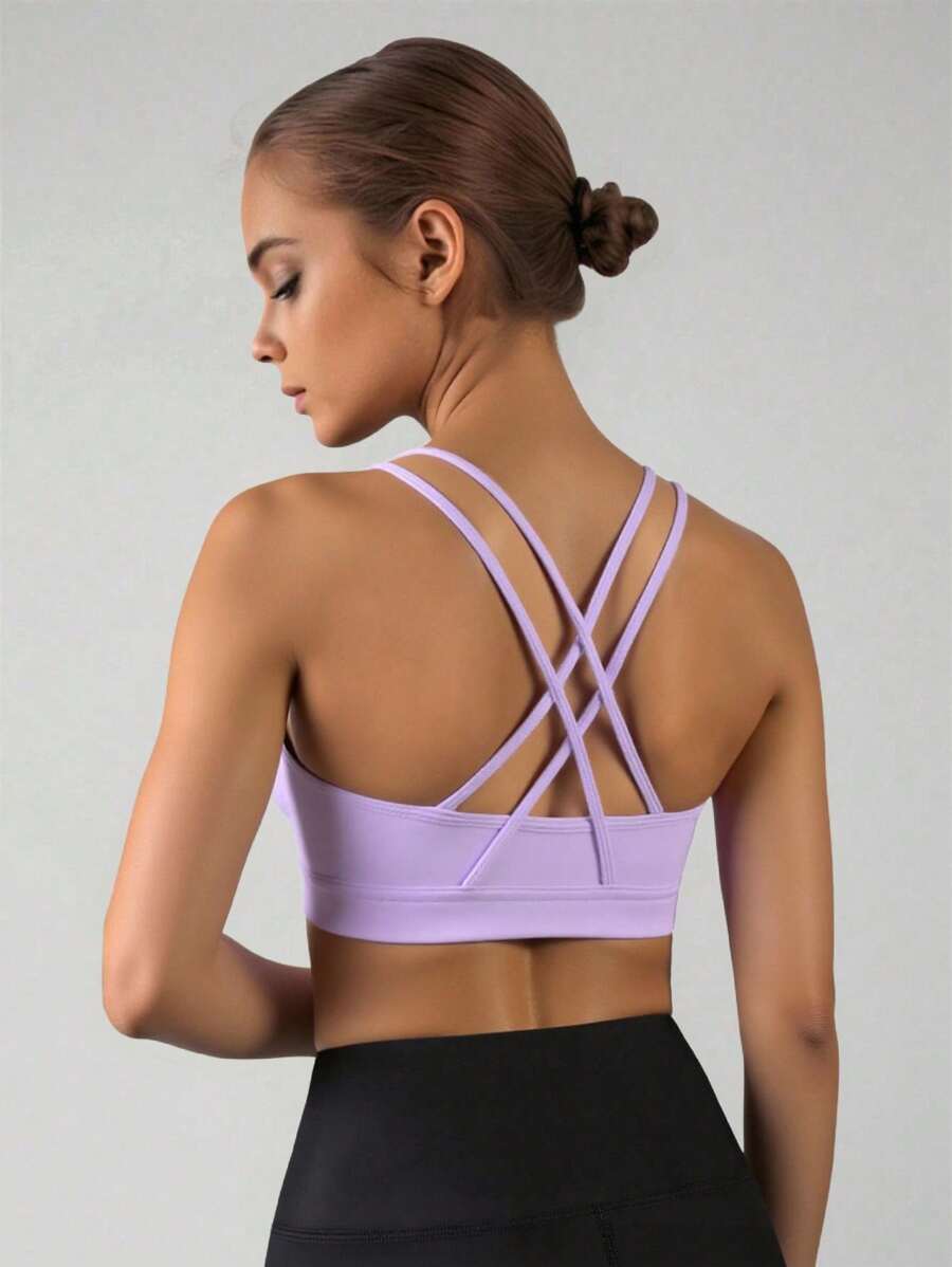 SHEIN Top sport elastic pentru fete Tween, cu bretele încrucișate la spate cu model yoga scene, sutien sport cu căptușeală detașabilă, absorbție a umezelii și transpirație - Violet - Vizualizare 1