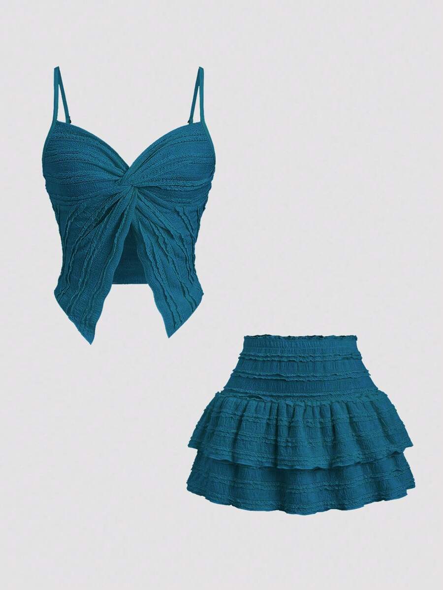 Sweetra Ladies 2 Pieces Set: Ruffle Trim Twist Front Camisole Top & Tiered Ruffle A-Line Mini Skirt, Sweet French Style, Spring/Summer - Teal Blue - View 1