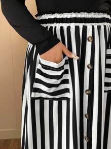SHEIN Clasi Plus Size Women's Solid Color Comfortable Round Neck Long Sleeve T-Shirt With Women's Striped Print With Button Pocket Belt Design Waist Skirt Elegant Women's Two Pieces Set - Black and White - View 4