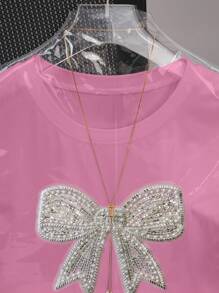 SHEIN 大码女式时尚蝴蝶结亮片装饰短袖T恤，夏季 - 粉色 - 查看 4