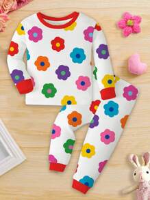 SHEIN Conjunto cómodo de pijama con estampado floral lindo para niña bebé, con top de manga larga y pantalones largos, para otoño/invierno