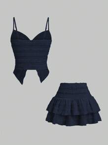 Sweetra Zestaw 2 części: francuski słodki falbaniasty pasek Twist Crop Top i spódnica w kształcie litery A z falbaniastym dołem, kobiety, wiosna/lato
