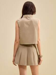 SHEIN Unity 女士休闲上衣和百褶裙两件套返校服秋季衣服秋季 - 卡其色 - 查看 2