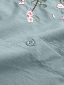 Modelyn 女士休闲花朵刺绣长袖衬衫 - 藍色 - 查看 5