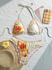 Swim Vcay 女士沙滩套装，多色定位大花朵，褶皱三角形比基尼，纹理小罗纹面料，时尚度假休闲性感甜美，露背泳装两件套 - 彩色 - 查看 1