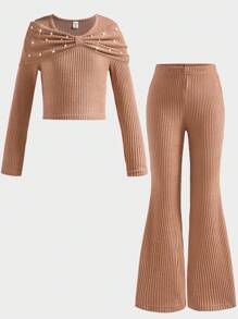 SHEIN Bộ 2 áo len dệt kim đính nơ trang trí trang nhã cho bé gái và quần dài đơn giản, trang phục thường ngày, phù hợp cho mùa xuân/thu - Màu be - Xem 7
