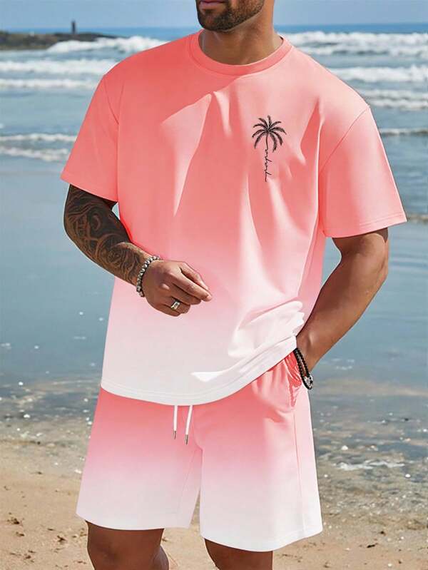 Manfinity RSRT Men's Summer Beach Vacation Style Palm Tree & Letter Print Ombre Short Sleeve T-Shirt And Drawstring Waist Shorts Set Men Beach Outfit Set Men Vacation Short Sets