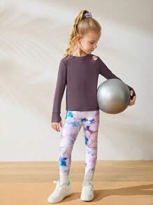 SHEIN Young Girls Activewear Sets - Long Sleeve Tee And Printed Leggings, Comfortable Stretchy Fabric, Suitable For All Seasons - Multicolor - View 3