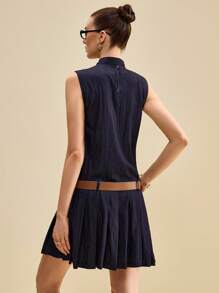 Muvela Robe courte pour femme avec ceinture en PU, ourlet plissé et cou attaché. Vêtements de retour à l'école et tenue de bureau décontractée - Bleu marine - Voir 2