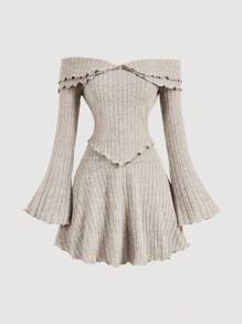 SHEIN 青少年女孩针织罗纹单肩不对称摆动修身上衣和高腰 A 字裙休闲套装 - 杏色 - 查看 4