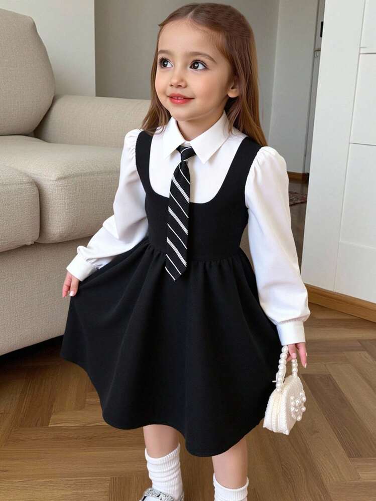 Young Girl Casual Colorblock Collared Patchwork Flared Waist Long Sleeve Dress Fall Winter - Black and White - View 1